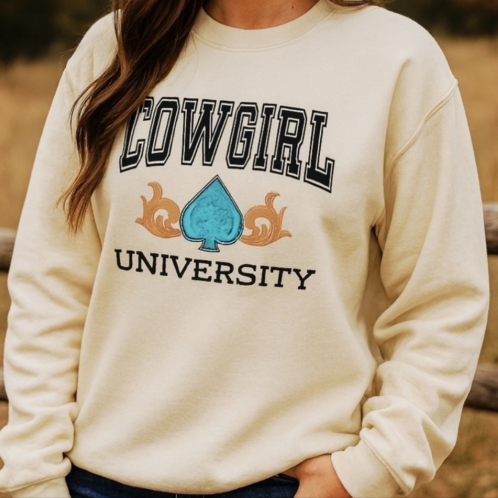 Cowgirl University Sweatshirt • Western Graphic Crewneck • Turquoise Spade
